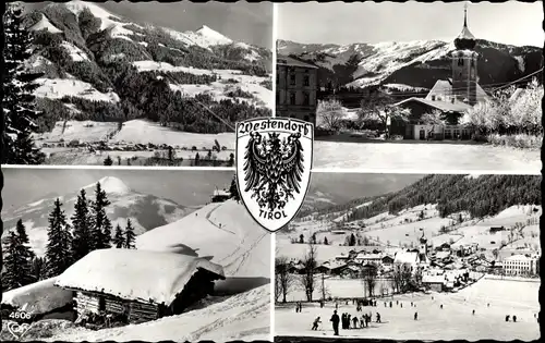 Ak Westendorf in Tirol, Winteransichten, Kirche, Hütte, Skihang