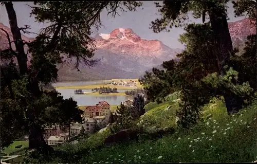 Ak Campfer Champfèr Kanton Graubünden, Durchblick zum Ort mit Umgebung