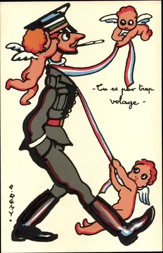 Künstler Ak Remy, Engel binden Schleife um Soldat