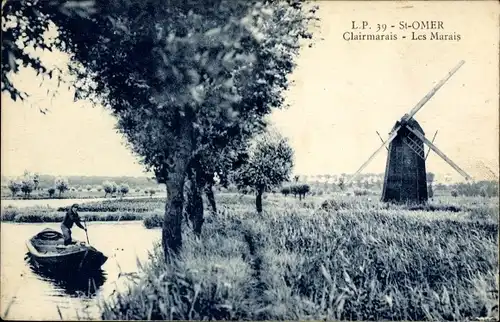 Ak Saint Omer Pas de Calais, Clairmarais, Marais, Mühle