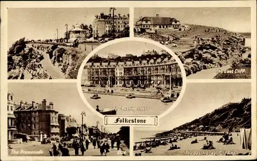 Ak Folkestone Kent England, East Cliff, Beach & Leas Cliff Hall, Promenade, Zick-Zack-Pfad