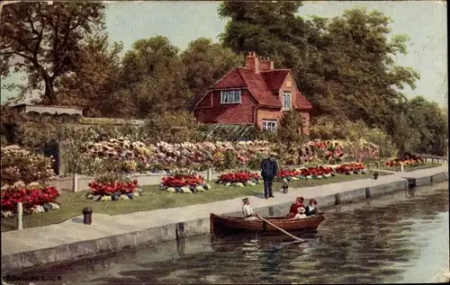 Ak Sonning South East England, Uferpromenade, Ruderpartie, Blumen