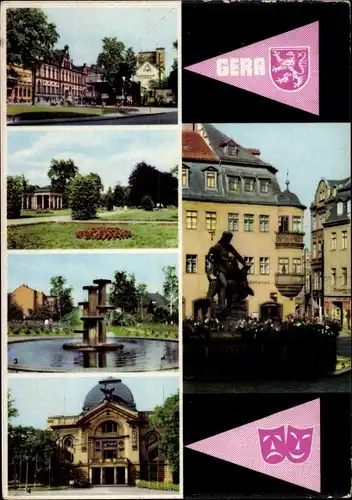 Ak Gera in Thüringen, Puschkinplatz, Park Opfer des Faschismus, Dahliengarten, Theater, Erker