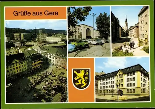 Ak Gera in Thüringen, Blick vom Rathausturm, Hauptbahnhof, Schuhgasse, Am Kornmarkt, Wappen