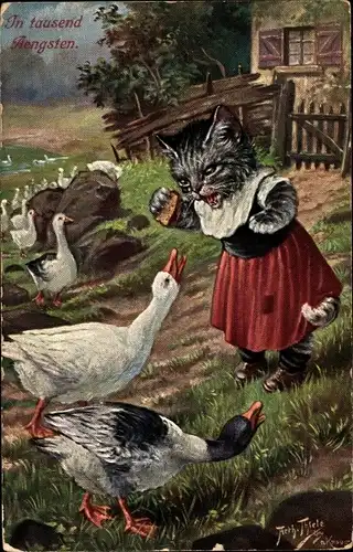 Künstler Ak Thiele, Arthur, Vermenschlichte Katze mit Gänsen
