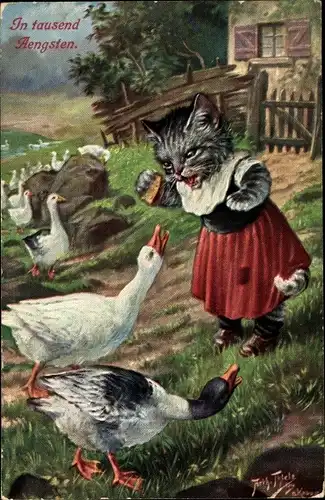 Künstler Ak Thiele, Arthur, Vermenschlichte Katze mit Gänsen
