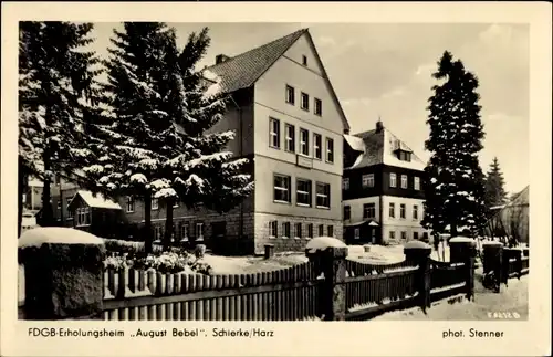 Ak Schierke Wernigerode im Harz, FDGB-Erholungsheim August Bebel, Winter