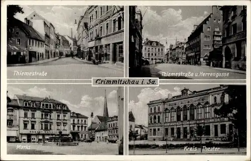 Ak Crimmitschau in Sachsen, Thiemestraße, Herrengasse, Markt, Kreis-Theater