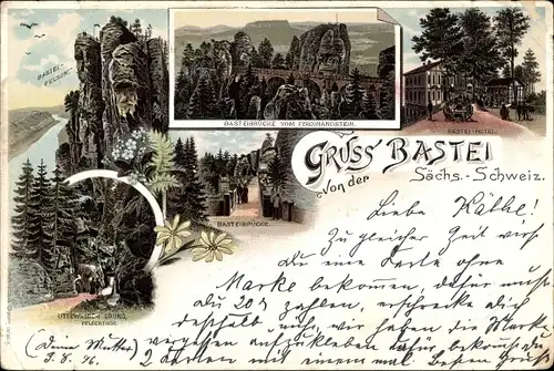 Litho Lohmen im Elbsandsteingebirge, Basteibrücke vom Ferdinandstein, Bastei-Hotel, Felsentor
