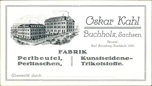 Litho Annaberg Buchholz Erzgebirge, Fabrik Oskar Kahl, Kunstseidene Trikotstoffe, Perltaschen