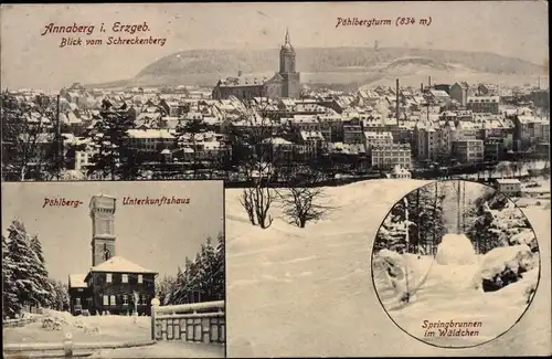 Ak Annaberg Buchholz Erzgebirge, Pöhlbergturm, Unterkunftshaus, Springbrunnen, Stadtpanorama
