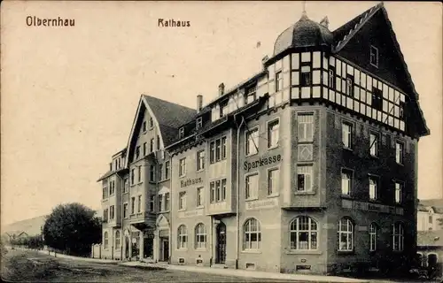 Ak Olbernhau im Erzgebirge, Rathaus, Sparkasse