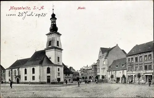 Ak Meuselwitz in Thüringen, Markt, Kirche, Friseur, Schuhwarenhaus