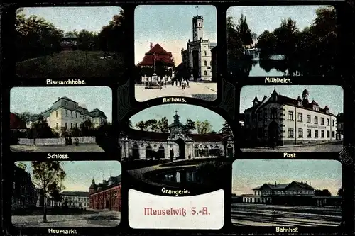 Passepartout Ak Meuselwitz in Thüringen, Rathaus, Bismarckhöhe, Mühlteich, Post, Bahnhof