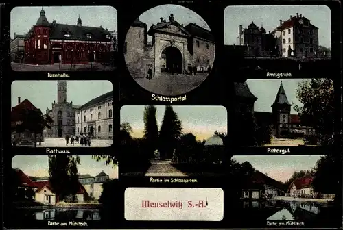 Passepartout Ak Meuselwitz in Thüringen, Rathaus, Turnhalle, Mühlteich, Rittergut, Schlossgarten