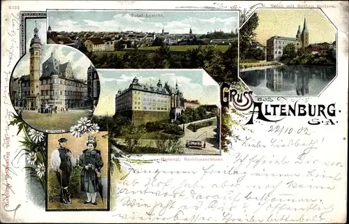 Ak Altenburg in Thüringen, Totalansicht, Herzogl. Schloss, Rathaus, Thüringer Volkstracht