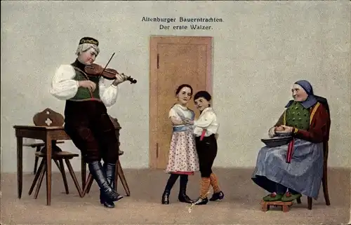 Ak Altenburger Bauerntrachten, Geiger, Kinder beim Tanz, Der erste Walzer