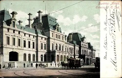 Ak Buenos Aires Argentinien, Estacion F. C. Sud, Pferdebahn