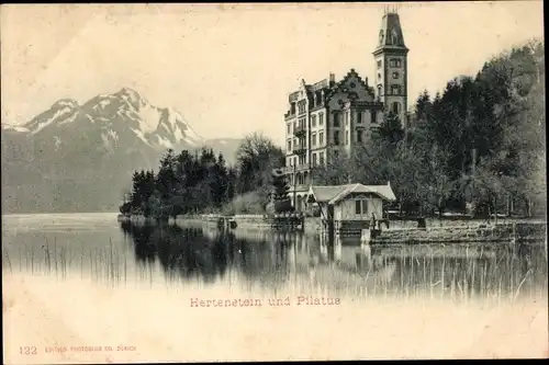 Ak Hertenstein in Weggis Kanton Luzern, Blick übers Wasser zum Pilatus