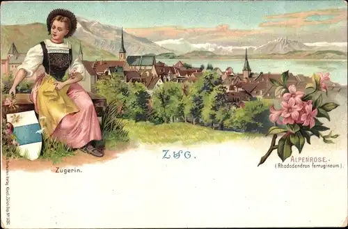 Ak Zug Stadt Schweiz, Zugerin in Tracht, Ort, Wappen, Alpenrose