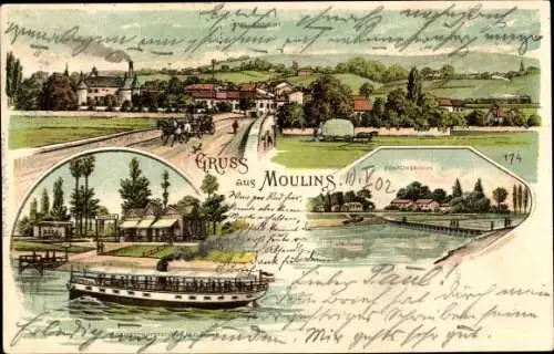 Litho Moulins Allier, Totalansicht, Pontonbrücke, Salondampfer