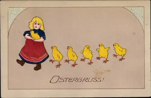 Präge Ak Glückwunsch Ostern, Mädchen, Küken