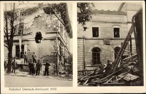 Ak Deutsch Avricourt Meurthe et Moselle, Zerstörter Bahnhof