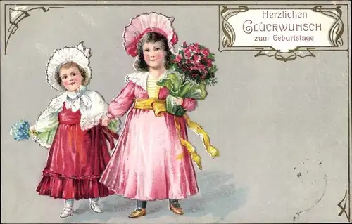 Präge Ak Glückwunsch Geburtstag, Mädchen, Blumenstrauß, Gratulanten