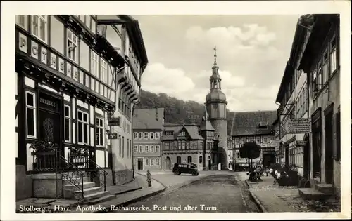 Ak Stolberg Südharz im Harz, Apotheke, Rathausecke, Post und alter Turm