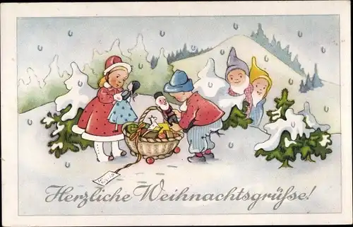 Ak Glückwunsch Weihnachten, Kinder, Korb mit Geschenken, Zwerge, Tannenbäume