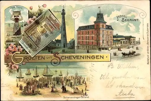 Litho Scheveningen Den Haag Südholland, Hotel Zeerust, Vuurtoren, Strand, Frau in Tracht