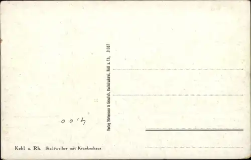 Leuchtfenster Ak Kehl am Rhein, Stadtweiher, Krankenhaus