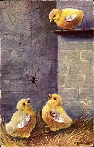 Künstler Ak Drei Küken und eine Spinne, Hühnerstall