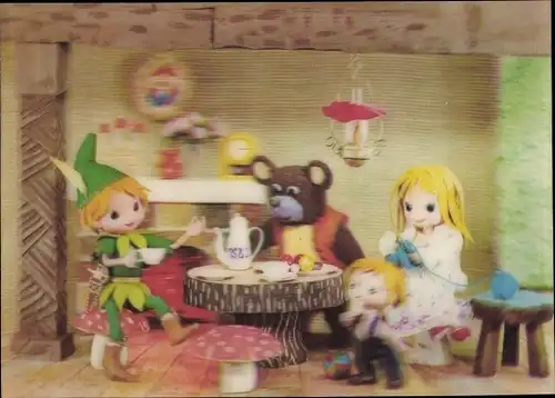 3 D Ak Teddybär, Puppen, Zwerge, strickendes Mädchen