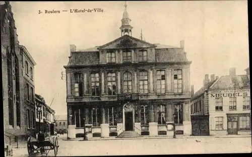 Ak Roulers Westflandern, L&#39;Hotel de Ville, Blick auf das Rathaus, Handkarren