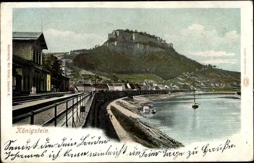 Ak Königstein an der Elbe Sächsische Schweiz, Uferpartie, Festung, Bahnhof