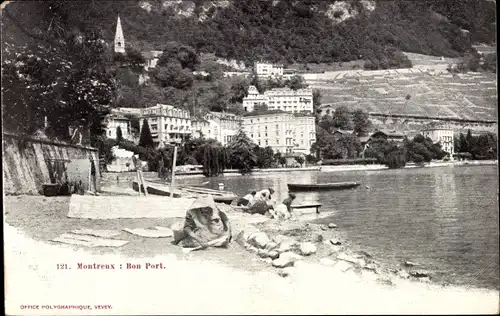 Ak Montreux Kt. Waadt, Bon Port et des Maisons, Femme