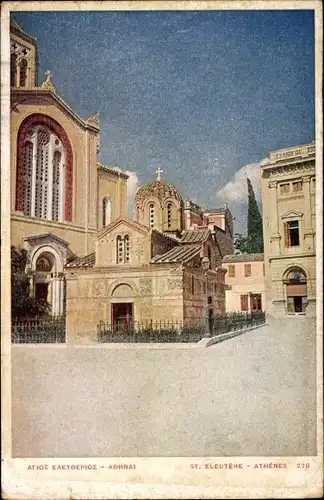 Ak Athen Griechenland, St. Eleutere, Straßenansicht der Kirche