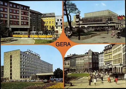 Ak Gera Thüringen, Straßenbahndurchfahrt Johannisstraße, Interhotel, Haus der Kultur, Str. 7. Okt.