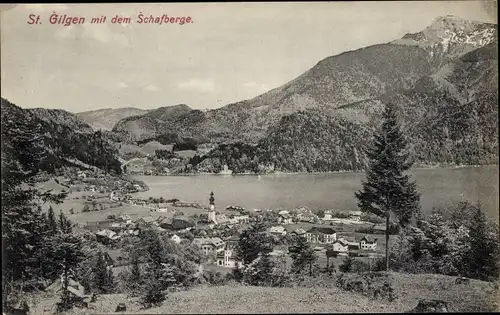 Ak Sankt Gilgen in Salzburg, Panorama vom Ort mit Schafberge