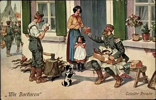 Künstler Ak Thiele, Arthur, Wir Barbaren, Geteilte Freude, deutscher Soldat mit Kuchen