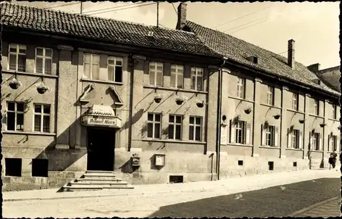 Ak Gernrode Quedlinburg Harz, HO Sporthotel Brauner Hirsch, Eingang, Fassade