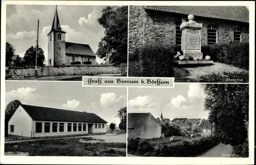 Ak Bornum Börßum am Harz, Kirche, Ehrenmal, Schule, Ortspartie