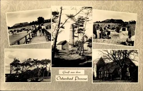 Ak Ostseebad Prerow auf dem Darß, Seebrücke, Leuchtturm, Strandszene, Kirche