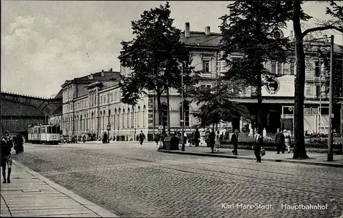 Ak Karl Marx Stadt Chemnitz in Sachsen, Hauptbahnhof, Straßenbahn