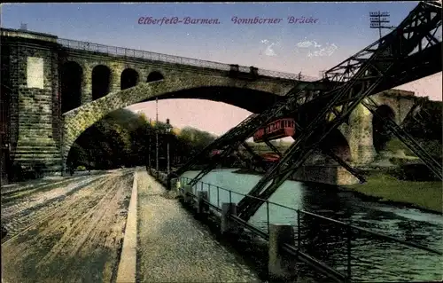 Ak Barmen Wuppertal, Sonnborner Eisenbahnbrücke, Straßenbahn, Schwebebahn, Dampflok
