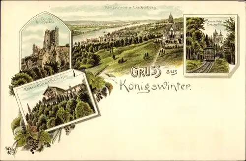 Litho Königswinter am Rhein, Ruine Drachenfels, Restauration, Zahnradbahn, Panorama