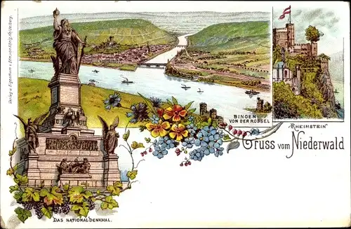 Litho Bingen am Rhein, Niederwalddenkmal, Rheinstein, Blick von der Rossel