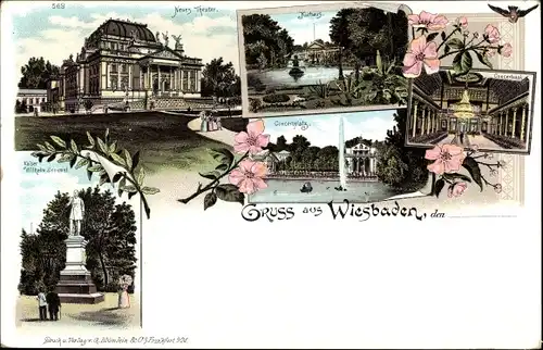 Litho Wiesbaden in Hessen, Neues Theater, Kurhaus, Konzertplatz, Kaiser Wilhelm Denkmal