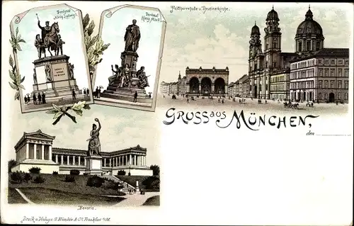 Litho München Bayern, Denkmal König Ludwig I, Denkmal König Max I, Theatinerkirche, Bavaria
